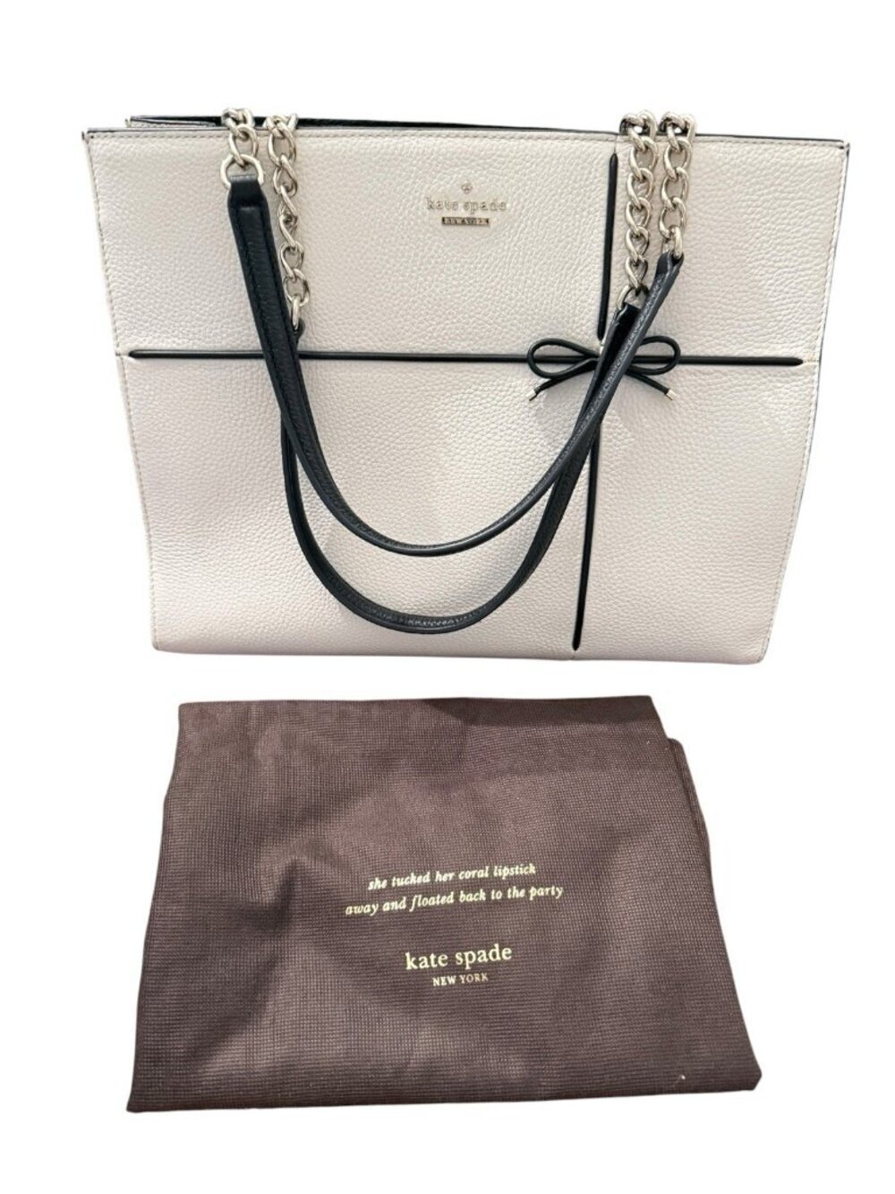 Kate Spade Cherry Street Pebbled Leather Purse Tote Cream w/Black Trim EUC